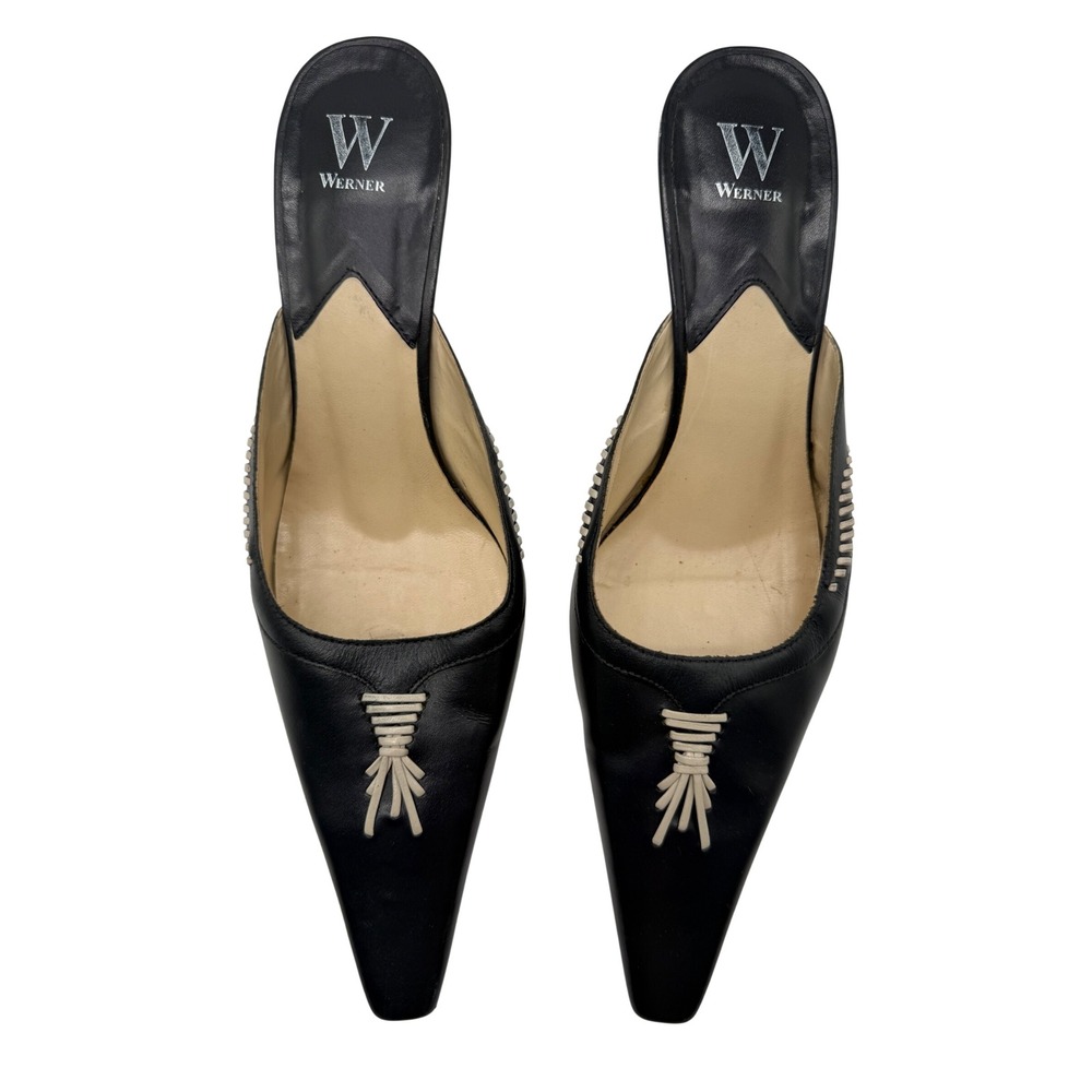 Werner Kitten Heel Mules Womens 9M Black Leather Pointed Toe Whipstitch